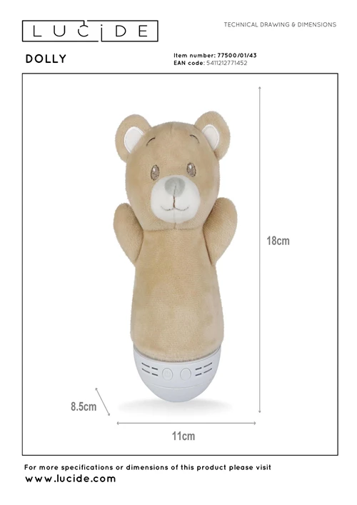 Lucide DOLLY - Tafellamp Kinderkamer - Batterijen - LED - 1x3W 2700K - Met muziekfunctie - Bruin - technisch